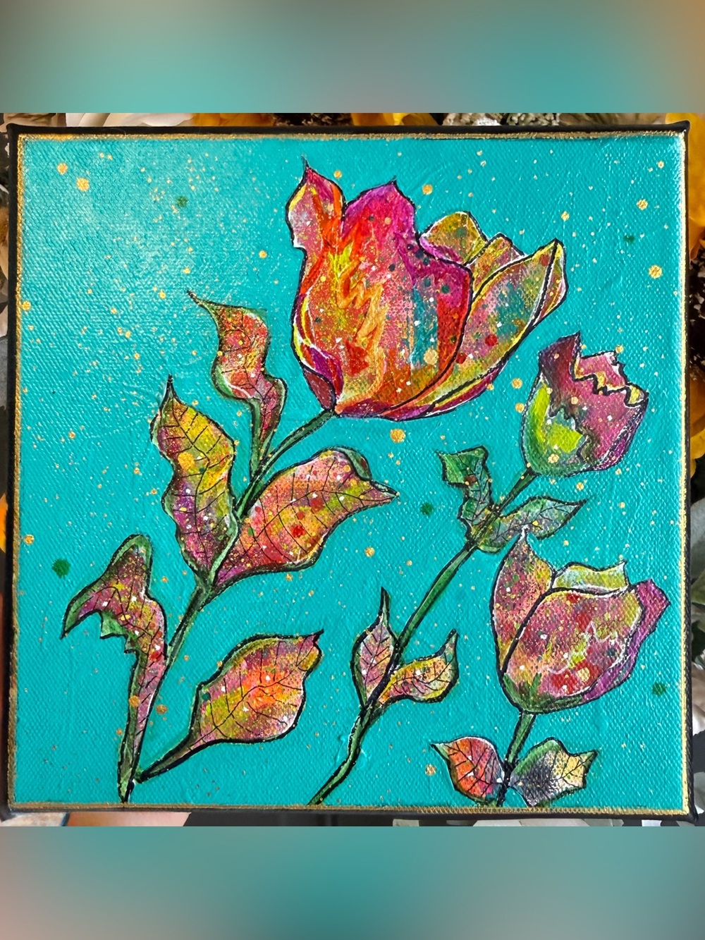 Original Hand-Painted Floral Canvas Art in Turquoise and Multicolor 8”x8”
